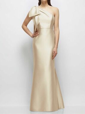 Dessy Bow one shoulder satin maxi dress with trumpet skirt
